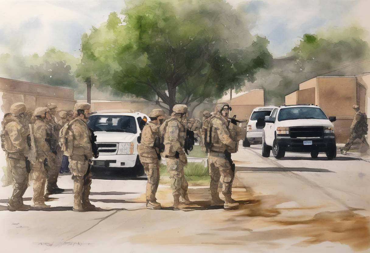 Watercolor painting based depiction of A mass shooting occurs at Fort Hood, Texas, when Nidal Hasan, a U.S. Army major and psychiatrist, kills 13 people and injures more than 30 others. (2009)