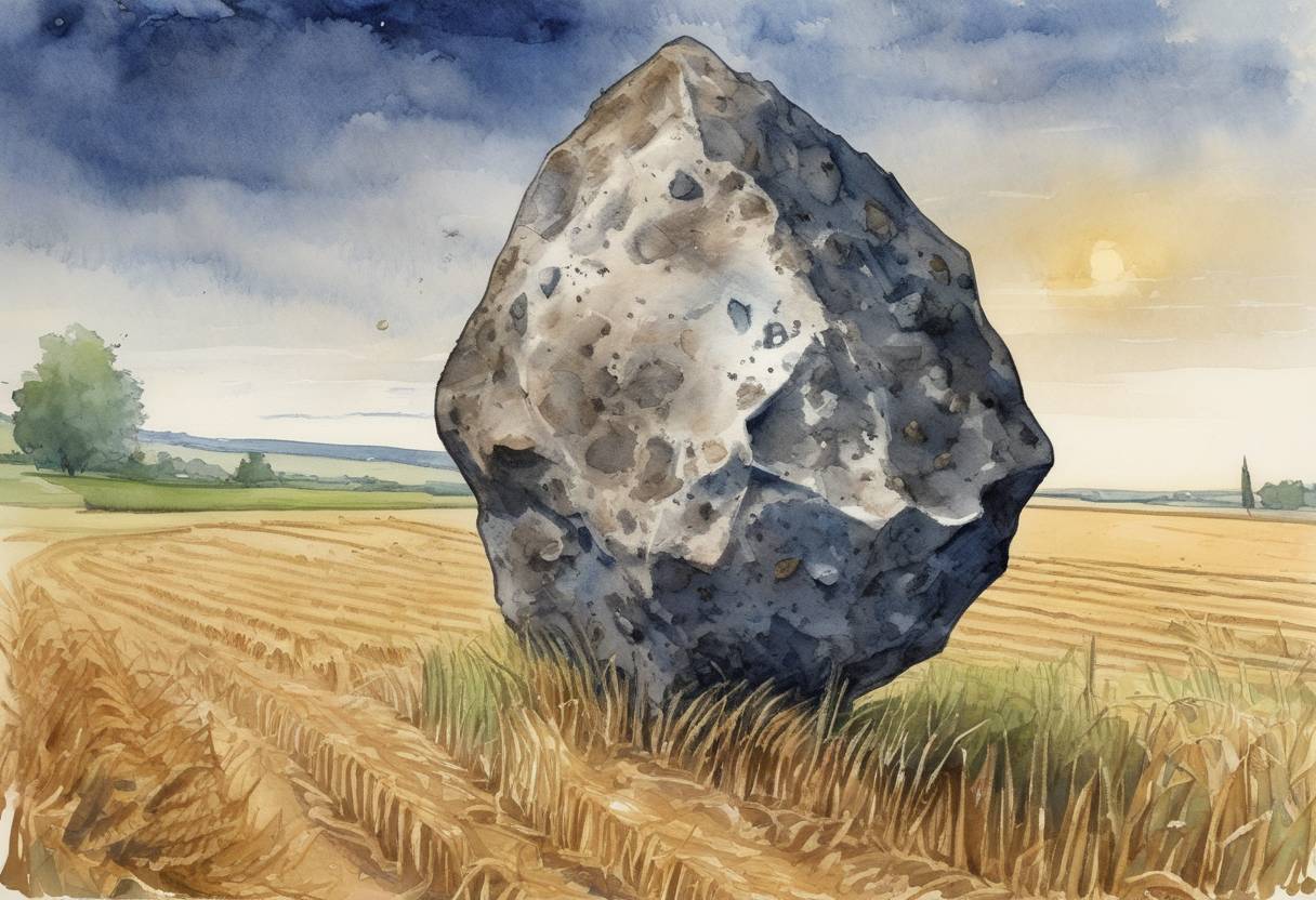 Watercolor painting based depiction of The Ensisheim meteorite, the oldest meteorite with a known date of impact, struck a wheat field in the village of Ensisheim in Alsace, France. (1492)