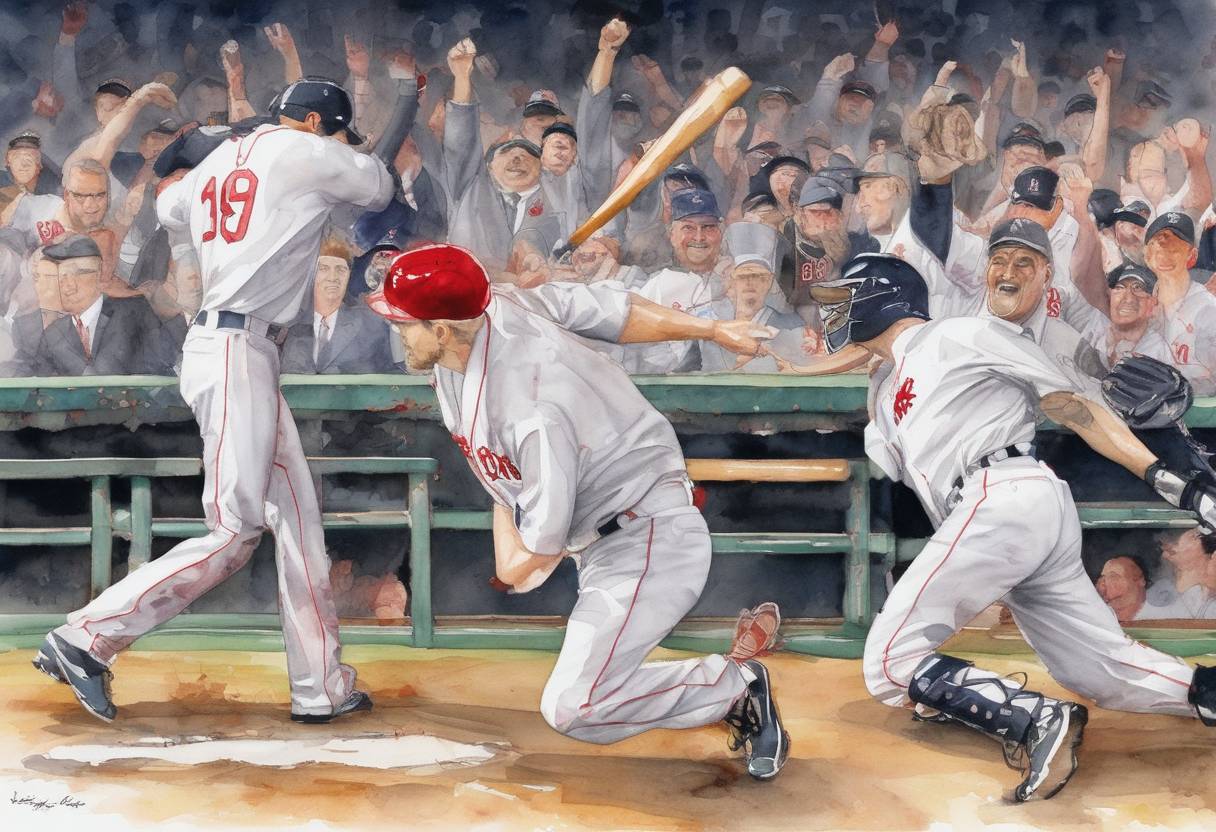 Watercolor painting based depiction of The Boston Red Sox defeated the New York Yankees in Game 7 of the American League Championship Series, becoming the first team in Major League Baseball history to win a best-of-seven series after losing the first three games. (2004)
