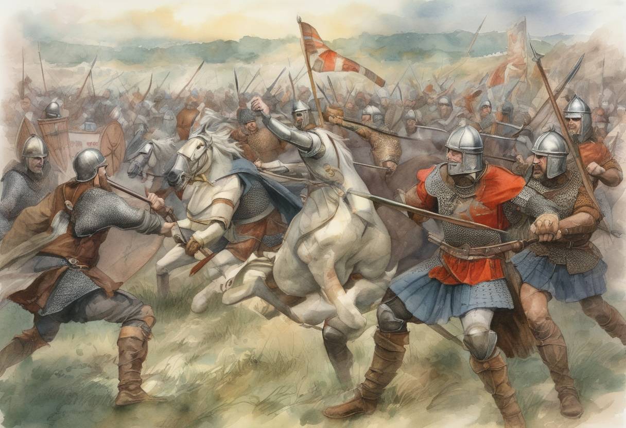 Watercolor painting based depiction of The Battle of Ethandun is fought, where Alfred the Great of Wessex defeats the Viking Great Heathen Army, leading to the Treaty of Wedmore and the establishment of the Danelaw in England. (878)
