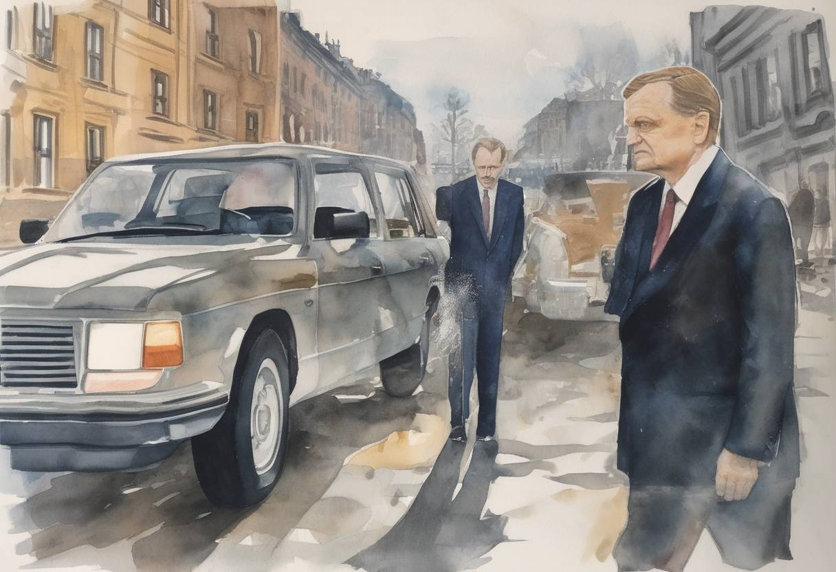 Watercolor painting based depiction of Swedish Prime Minister Olof Palme is assassinated in Stockholm, leading to a major investigation and political upheaval in Sweden. (1986)
