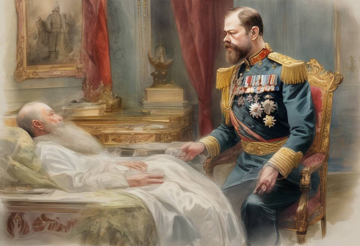 Watercolor painting based depiction of Nicholas II becomes the last Tsar of Russia after the death of his father, Alexander III. (1894)
