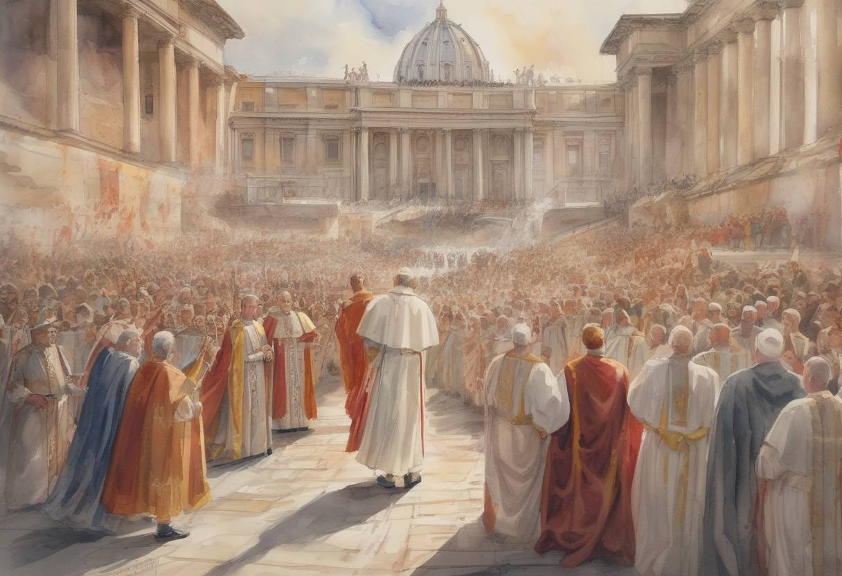 Watercolor painting based depiction of Sisinnius is elected as Pope, succeeding Pope John VII. His papacy is notably brief, lasting only around three weeks due to his poor health. (708)