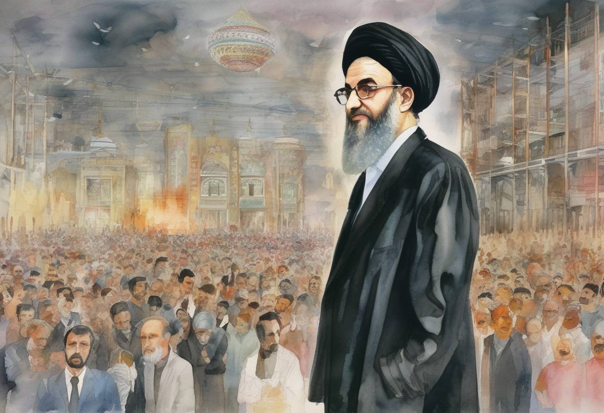 Watercolor painting based depiction of Iran's Ayatollah Ruhollah Khomeini issued a fatwa calling for the death of British author Salman Rushdie and his publishers for the novel 'The Satanic Verses', which was considered blasphemous by many Muslims. (1989)