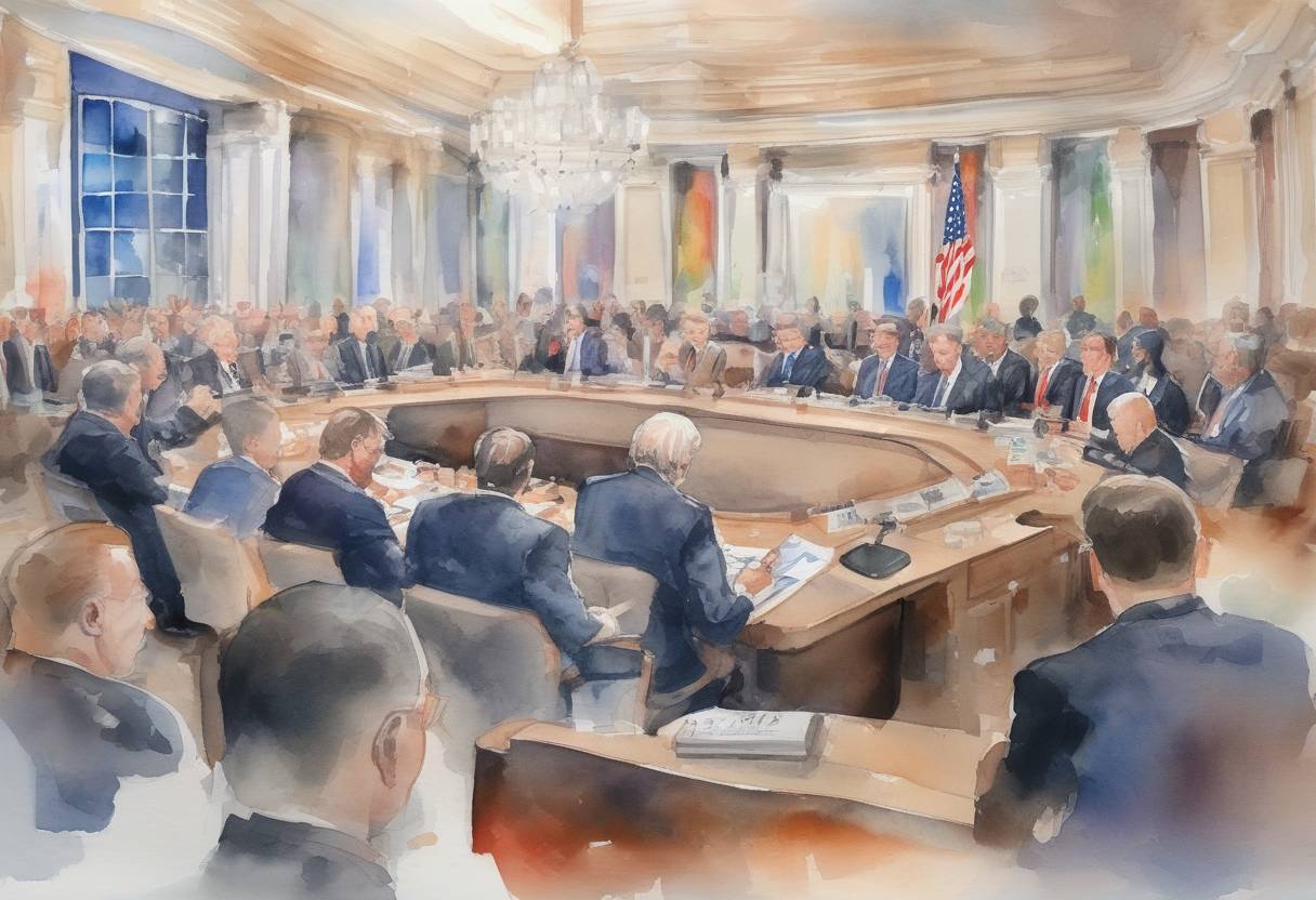 Watercolor painting based depiction of The NATO summit was held in Brussels, Belgium, where U.S. President Donald Trump criticized other member countries for not meeting defense spending commitments, leading to discussions on the future of the alliance and its financial obligations. (2018)