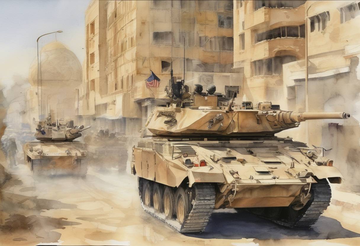 Watercolor painting based depiction of The United States officially ended its combat operations in Iraq, transitioning to Operation New Dawn, which focused on advising and assisting Iraqi security forces. (2010)