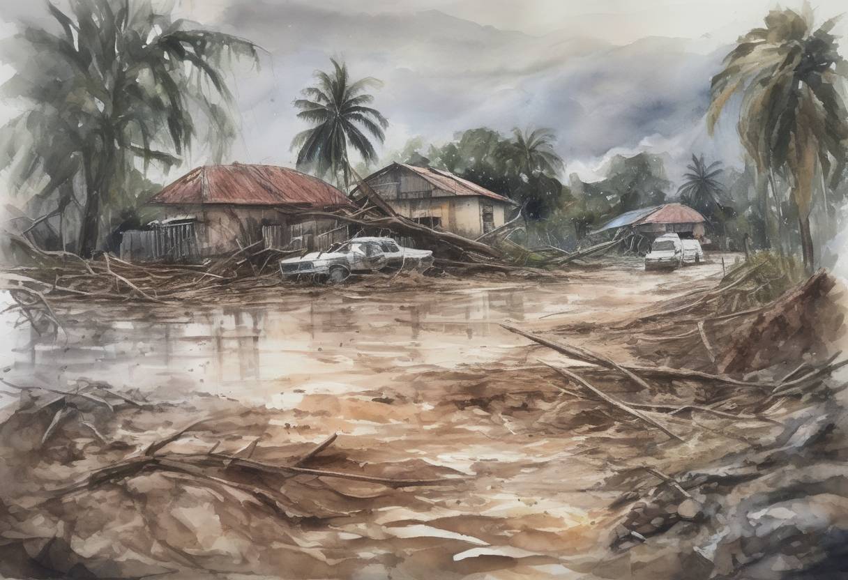 Watercolor painting based depiction of Cyclone Idai makes landfall in Mozambique, causing widespread devastation and leading to a humanitarian crisis in Mozambique, Zimbabwe, and Malawi. The cyclone is considered one of the worst tropical cyclones to affect Africa and the Southern Hemisphere. (2019)