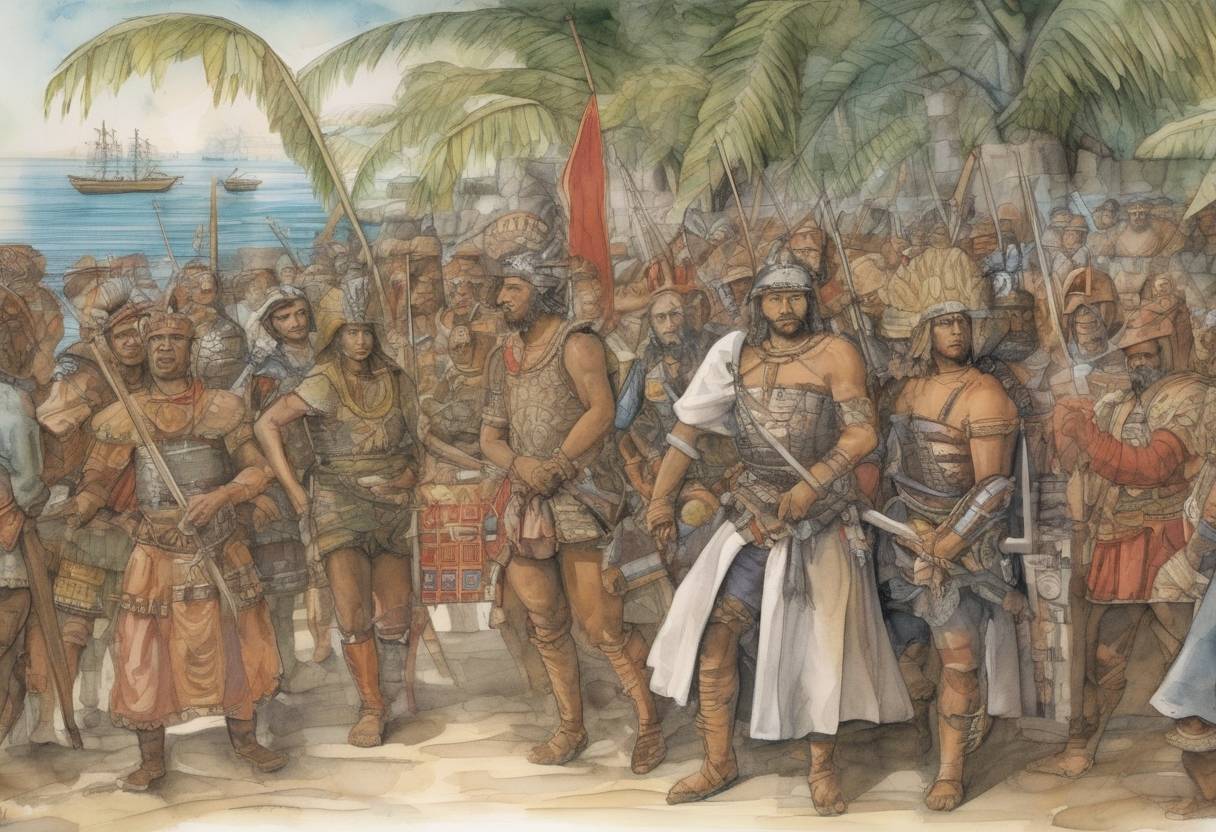 Watercolor painting based depiction of Hernán Cortés arrived in Mexico, marking the beginning of the Spanish conquest of the Aztec Empire. (1519)