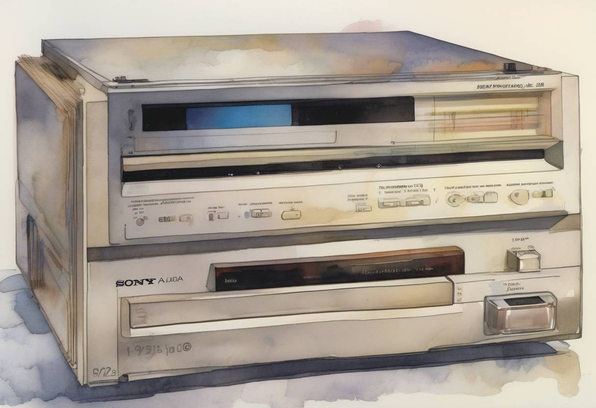 Watercolor painting based depiction of Sony launched the first consumer compact disc player, the CDP-101, marking a significant advancement in digital audio technology. (1982)