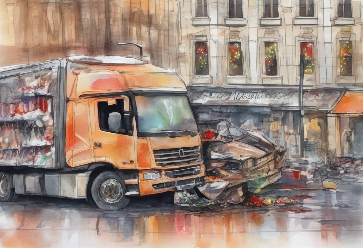 Watercolor painting based depiction of A truck was deliberately driven into a Christmas market in Berlin, resulting in 12 deaths and 56 injuries. The attack was later claimed by the Islamic State of Iraq and the Levant (ISIL). (2016)