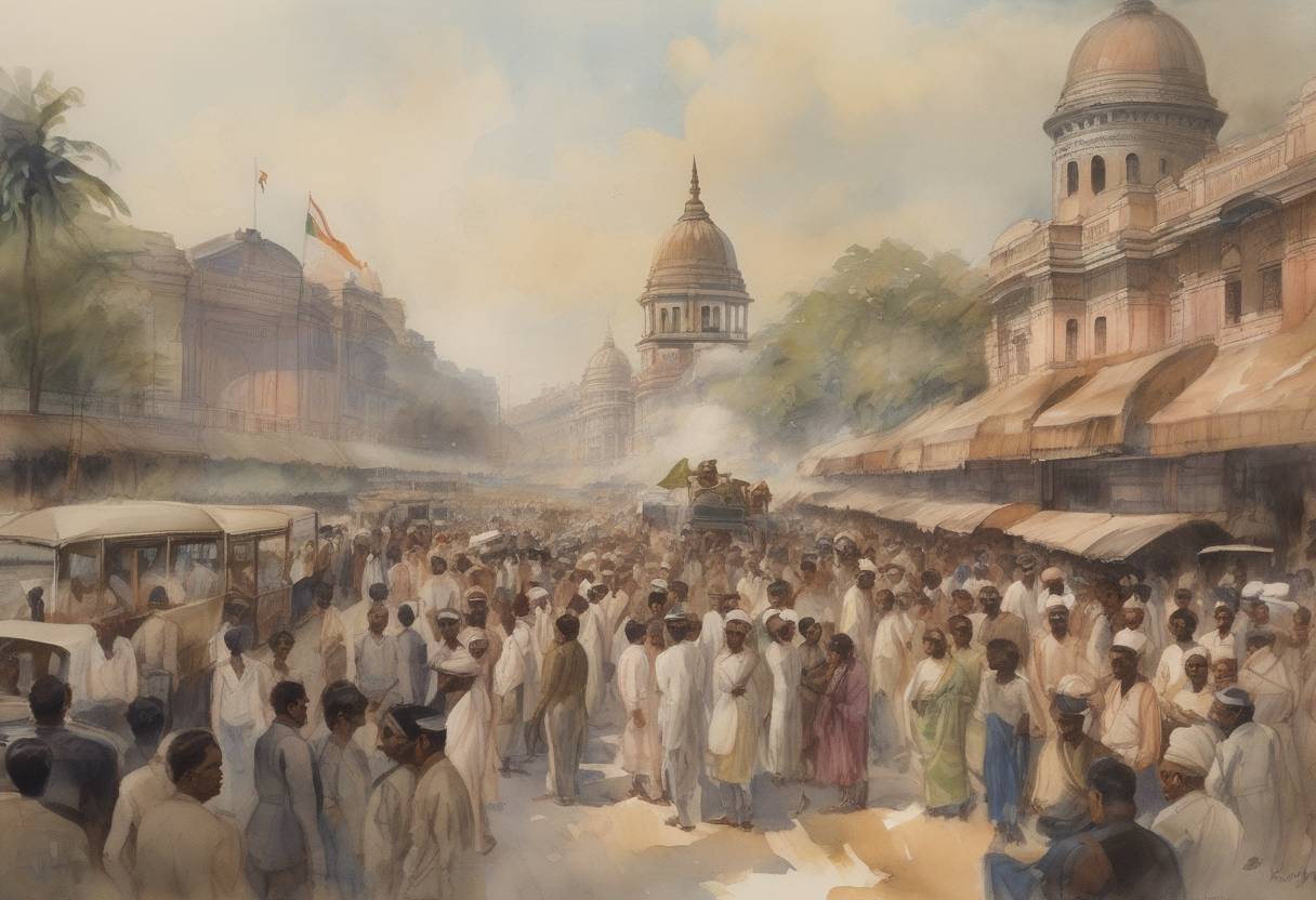 Watercolor painting based depiction of The Partition of Bengal is made effective by the British Raj, leading to significant political unrest and contributing to the rise of the Indian independence movement. (1905)