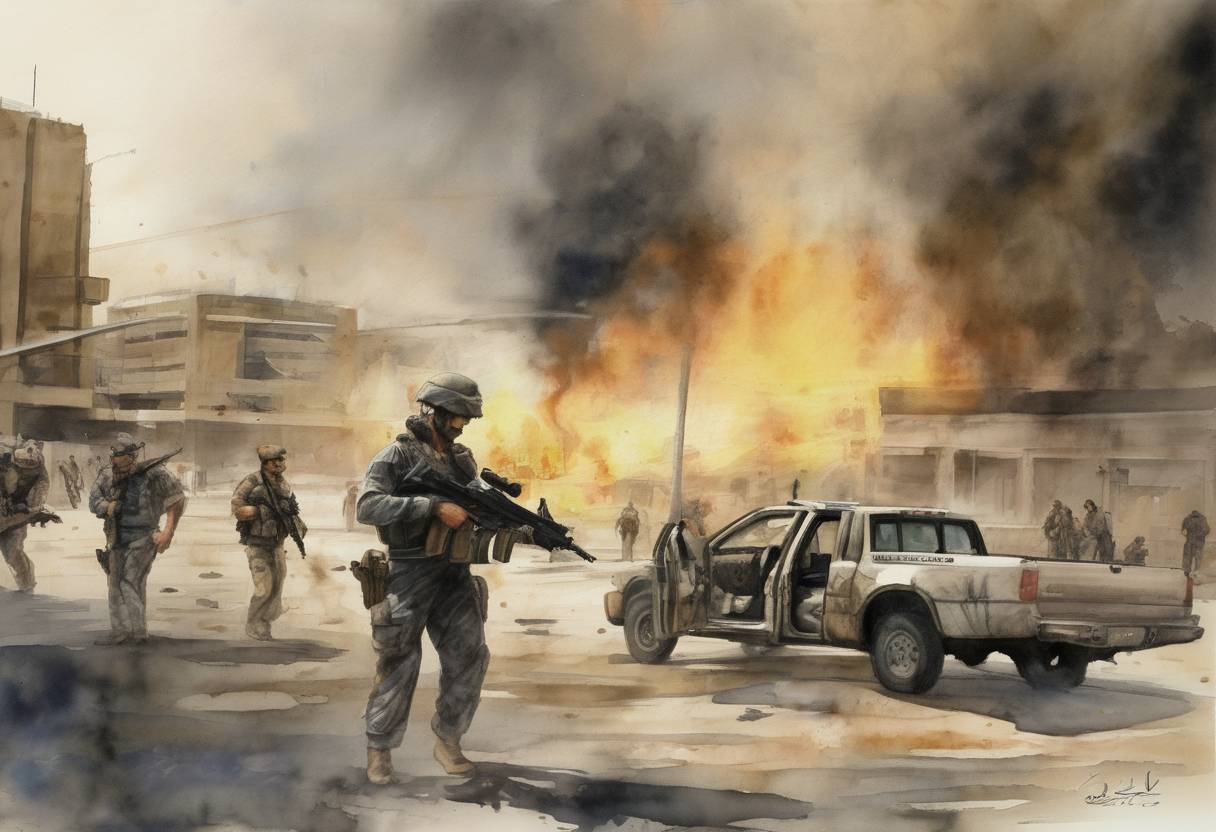 Watercolor painting based depiction of The Blackwater Baghdad shootings occurred when employees of the private military company Blackwater Security Consulting shot at Iraqi civilians, killing 17 and injuring 20 in Nisour Square, Baghdad. (2007)