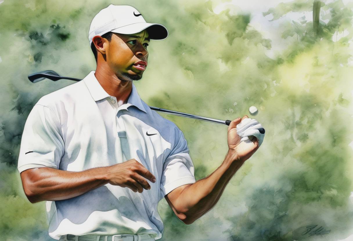 Watercolor painting based depiction of Tiger Woods becomes the youngest golfer to win the Masters Tournament at age 21. (1997)