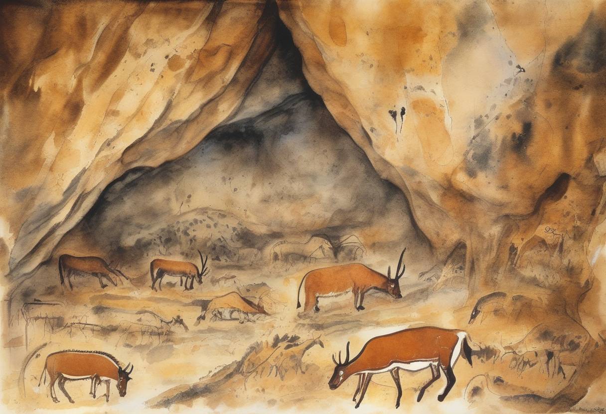 Watercolor painting based depiction of The Lascaux Caves were discovered in France, containing some of the most famous examples of prehistoric cave paintings. (1940)