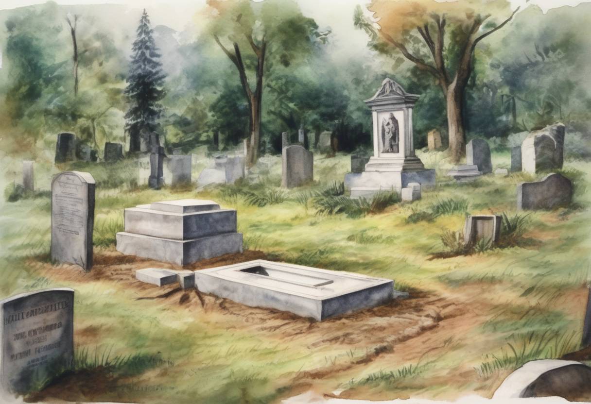 Watercolor painting based depiction of The grave of Dr. Josef Mengele, a Nazi war criminal, was discovered in Embu, Brazil, under the name Wolfgang Gerhard. (1985)