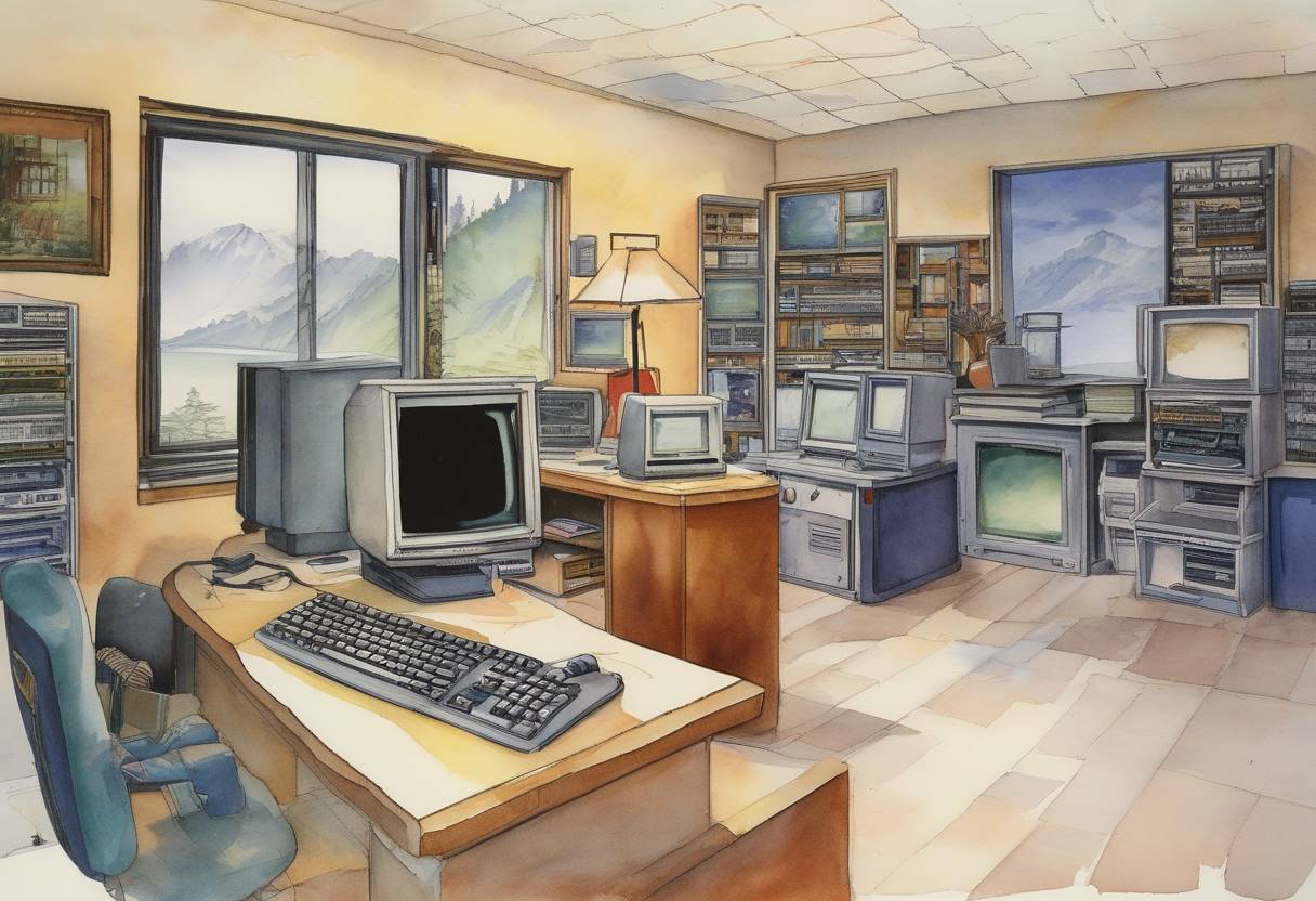 Watercolor painting based depiction of Microsoft Corporation released the first version of Windows, Windows 1.0, marking a significant milestone in personal computing by introducing a graphical user interface to the MS-DOS operating system. (1985)