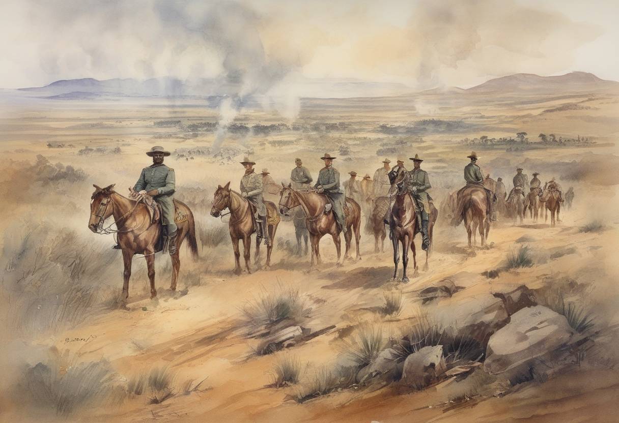 Watercolor painting based depiction of The Second Boer War began between the British Empire and the two Boer states, the South African Republic and the Orange Free State, over the Empire's influence in South Africa. (1899)