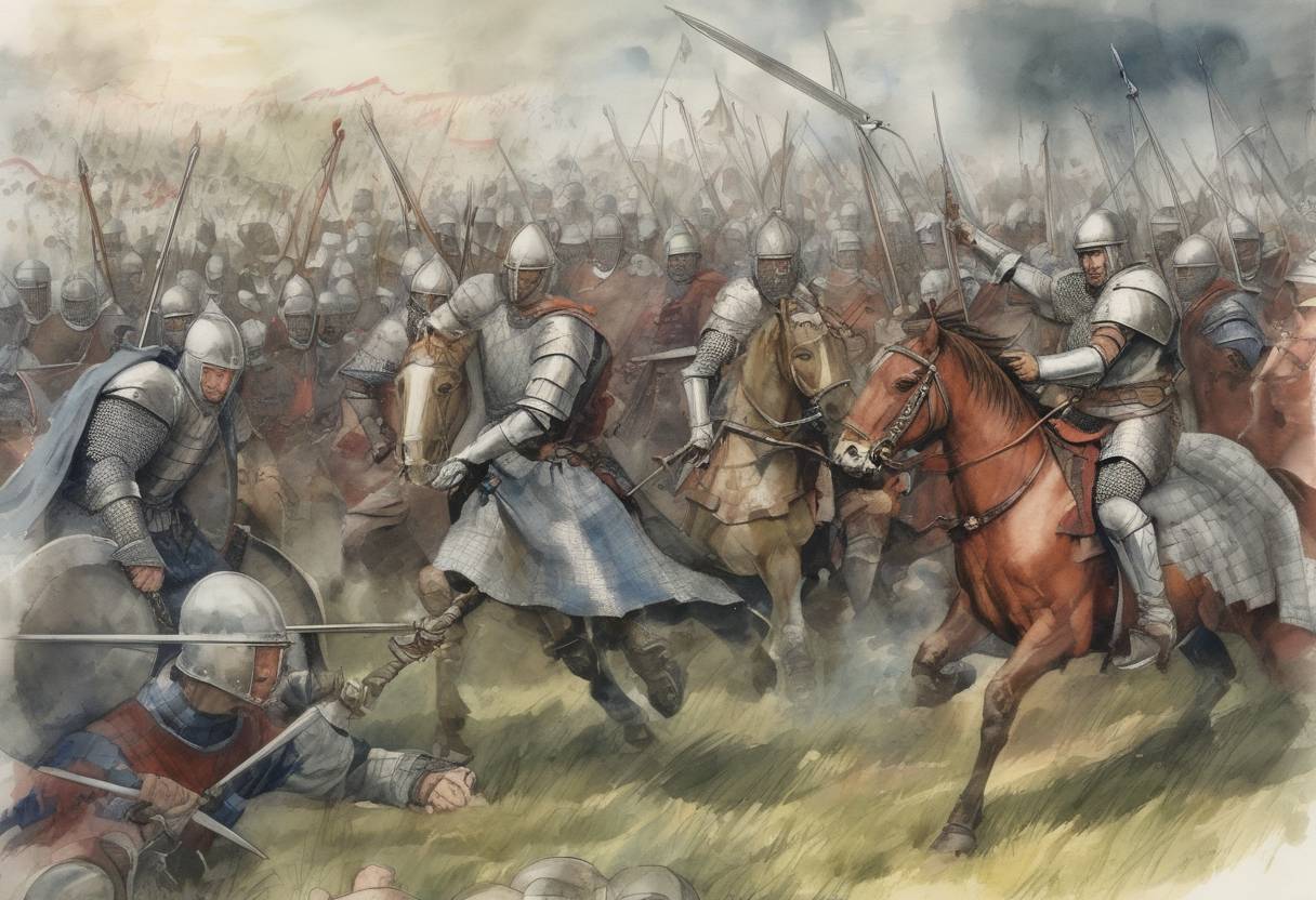 Watercolor painting based depiction of The Battle of Bannockburn concluded with a decisive victory for the Scots, led by Robert the Bruce, over the English army commanded by King Edward II, securing Scottish independence. (1314)