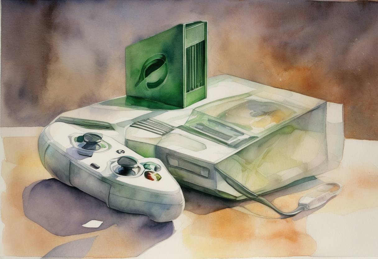 Watercolor painting based depiction of Microsoft released the Xbox gaming console in North America, marking its entry into the gaming industry. (2001)