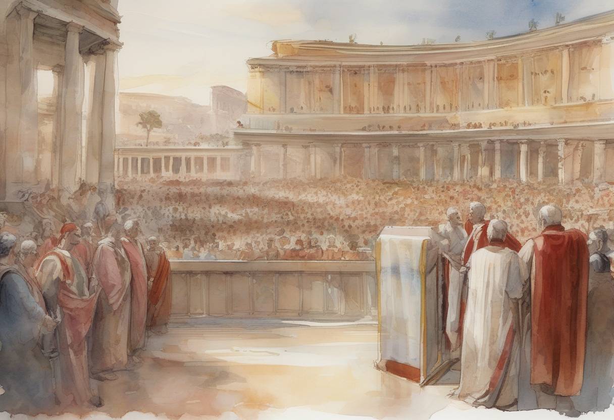 Watercolor painting based depiction of Cicero delivers the fourth and final Catilinarian Oration, a series of speeches given by the Roman statesman Marcus Tullius Cicero, exposing the conspiracy of Lucius Sergius Catilina to overthrow the Roman Republic. (63)