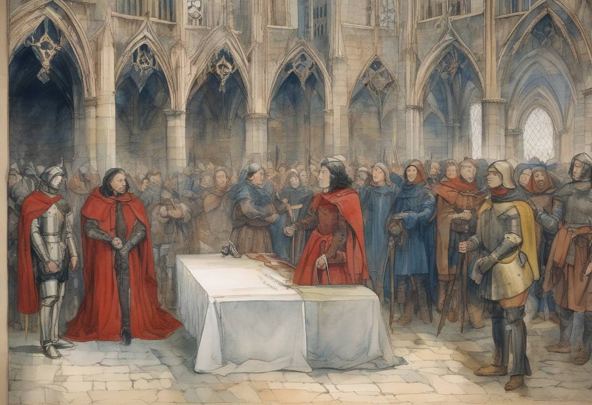 Watercolor painting based depiction of Judges' investigations for the trial of Joan of Arc began in Rouen, France. (1431)