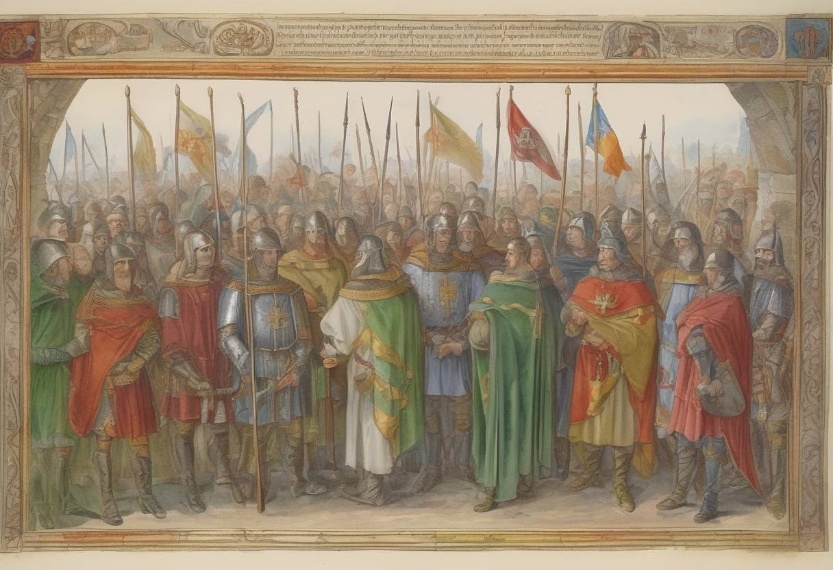 Watercolor painting based depiction of The Treaty of Meerssen was signed, dividing the Carolingian Empire among the sons of Louis the German and Charles the Bald, reshaping the political landscape of Western Europe. (870)