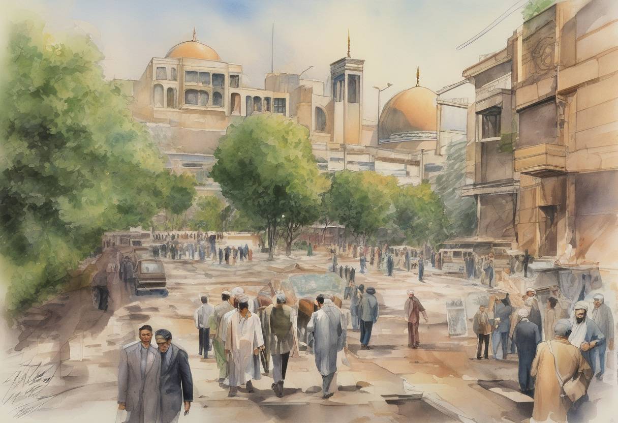 Watercolor painting based depiction of The Iranian government, led by Prime Minister Shapour Bakhtiar, collapsed, paving the way for the return of Ayatollah Khomeini and the establishment of the Islamic Republic of Iran. (1979)