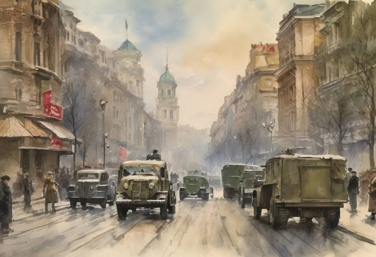 Watercolor painting based depiction of Romania switched allegiance from the Axis powers to the Allies during World War II. (1944)