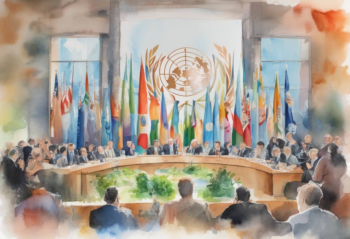 Watercolor painting based depiction of The United Nations Climate Action Summit was held in New York City, where global leaders discussed strategies to combat climate change and reduce carbon emissions. (2019)