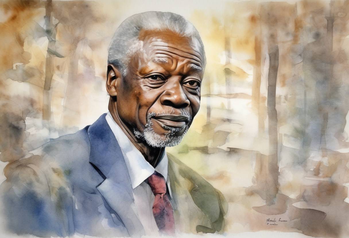Watercolor painting based depiction of The Nobel Peace Prize was awarded to the United Nations and its Secretary-General, Kofi Annan, for their work for a better organized and more peaceful world. (2001)