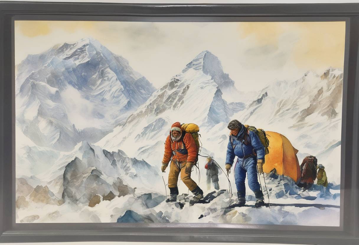 Watercolor painting based depiction of Reinhold Messner and Peter Habeler become the first climbers to reach the summit of Mount Everest without supplemental oxygen. (1978)
