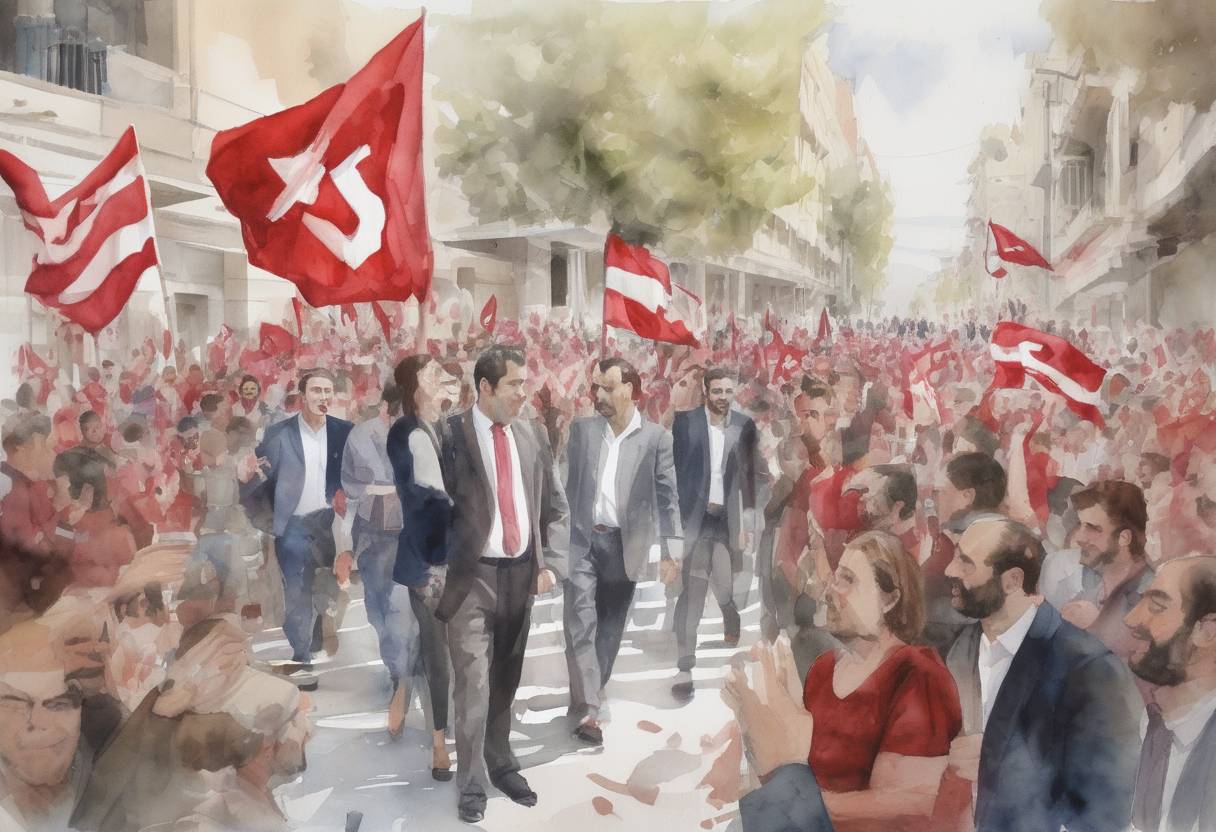 Watercolor painting based depiction of The left-wing political party Syriza, led by Alexis Tsipras, wins the Greek legislative election, marking a significant shift in Greek politics amidst the country's financial crisis. (2015)