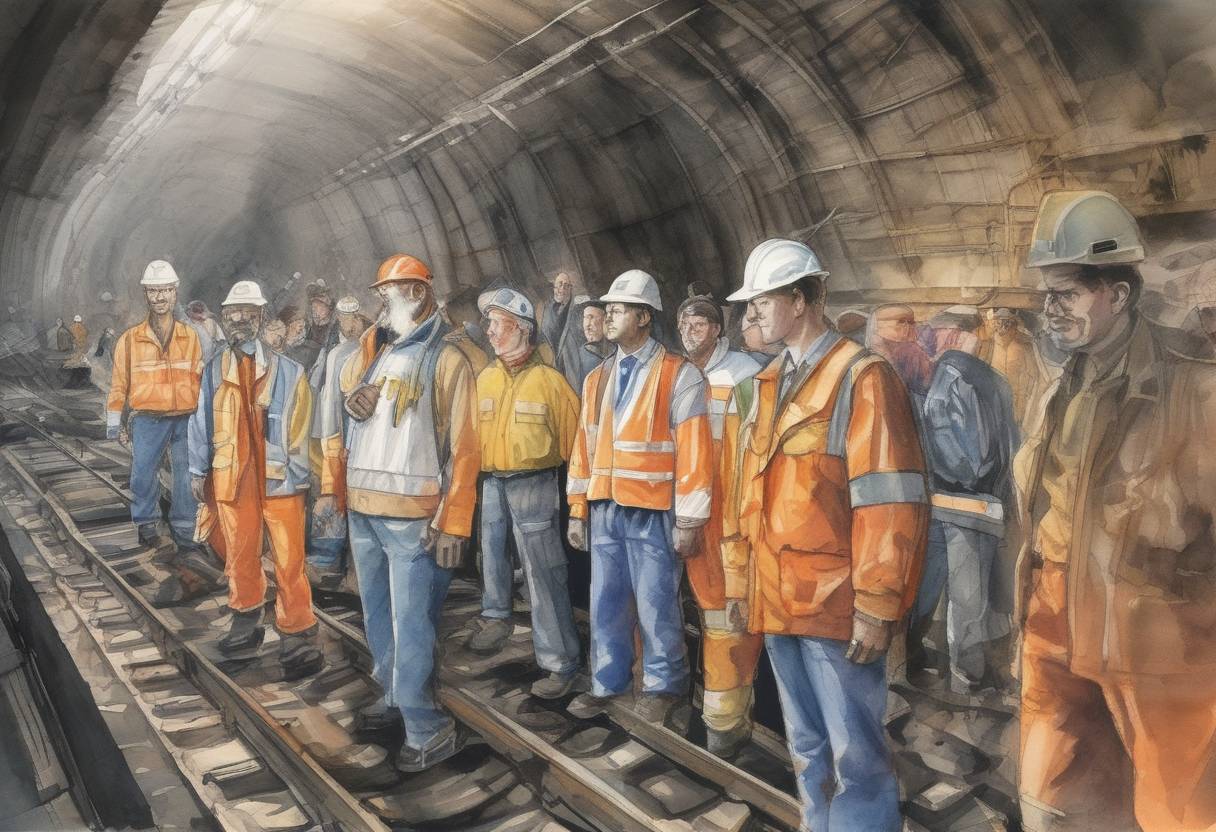 Watercolor painting based depiction of The Channel Tunnel workers from the United Kingdom and France met 40 meters beneath the English Channel, marking a significant milestone in the tunnel's construction. (1990)