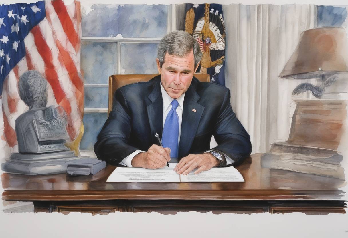 Watercolor painting based depiction of U.S. President George W. Bush signs the Homeland Security Act into law, creating the Department of Homeland Security in response to the September 11 attacks. (2002)
