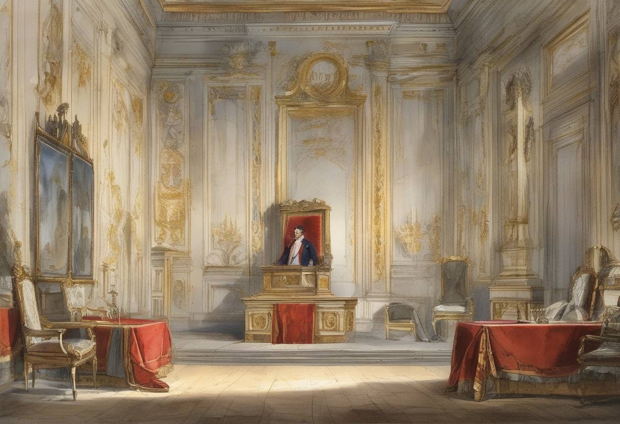 Watercolor painting based depiction of Napoleon Bonaparte abdicated the throne of France for the first time and was exiled to the island of Elba. (1814)