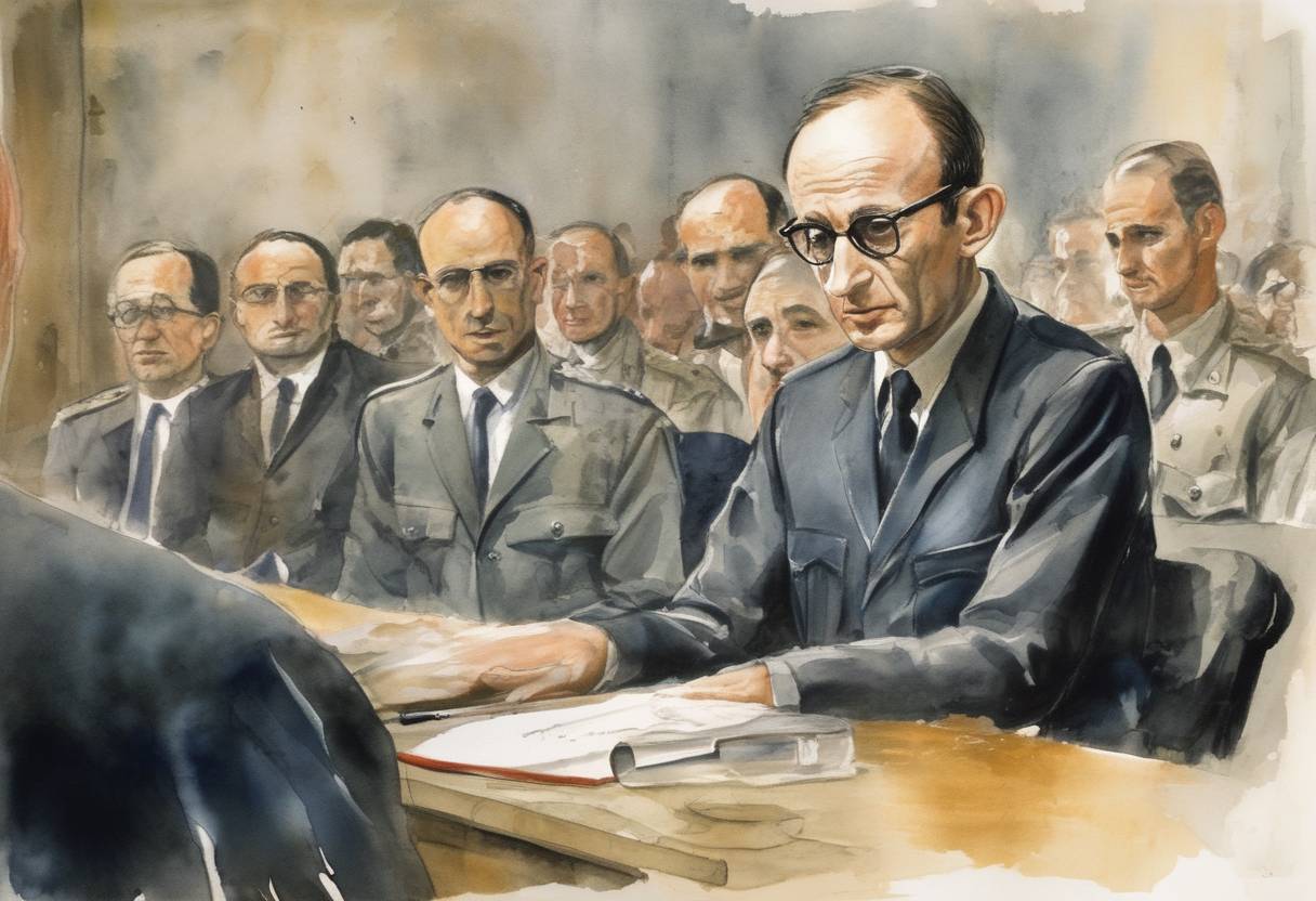 Watercolor painting based depiction of Adolf Eichmann is sentenced to death after being found guilty of war crimes in Israel. (1961)