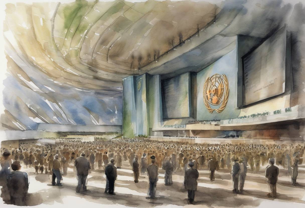 Watercolor painting based depiction of The United Nations General Assembly adopted a resolution establishing the International Day for Preventing the Exploitation of the Environment in War and Armed Conflict, highlighting the environmental impact of warfare. (2006)