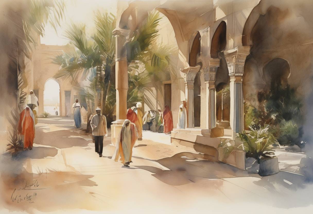 Watercolor painting based depiction of The United Arab Emirates was formed as a federation of six emirates, with a seventh joining in February 1972. (1971)