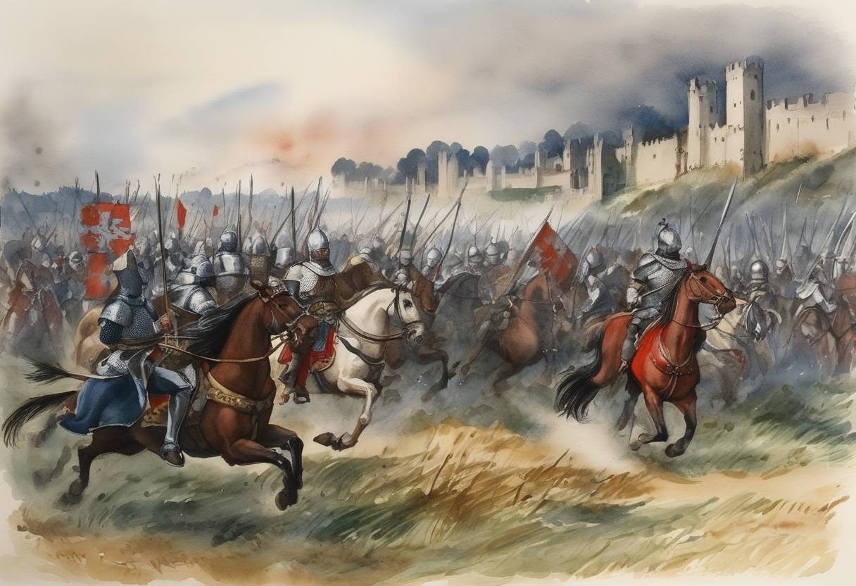 Watercolor painting based depiction of The Battle of Poitiers, a significant engagement during the Hundred Years' War between England and France, took place. Edward the Black Prince led the English forces, which achieved a decisive victory, capturing French King John II in the process. (1356)