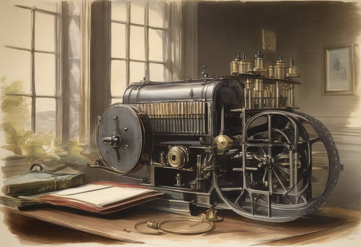 Watercolor painting based depiction of George Eastman receives a U.S. Government Patent for his invention of photographic film in roll form. This invention would eventually lead to Eastman's establishment of the Kodak company, revolutionizing photography by making it more accessible to the general public. (1884)