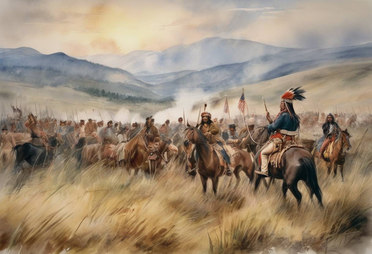 Watercolor painting based depiction of Nez Perce War ends as Chief Joseph surrenders to General Nelson Miles. (1877)