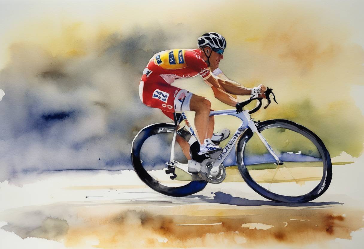 Watercolor painting based depiction of Lance Armstrong was diagnosed with testicular cancer, later leading to his successful treatment and comeback. (1996)