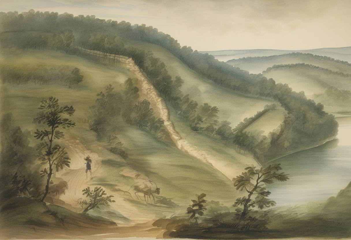 Watercolor painting based depiction of The Mason-Dixon line survey was completed by Charles Mason and Jeremiah Dixon, resolving a border dispute between the British colonies of Maryland and Pennsylvania. This demarcation later took on symbolic significance in the United States as a cultural boundary between the North and the South. (1767)