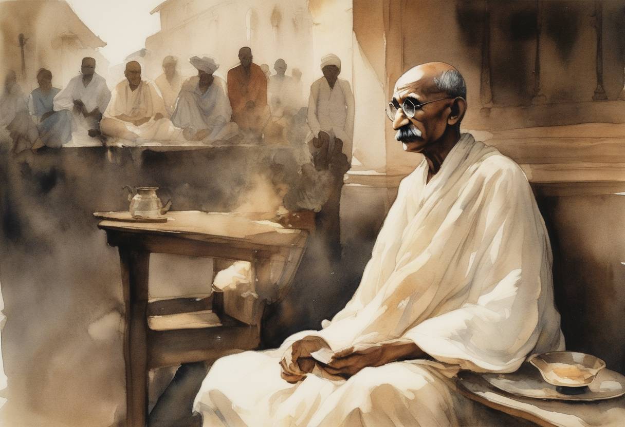 Watercolor painting based depiction of Mahatma Gandhi begins his hunger strike in Bombay to protest against the British decision to separate India's electoral system by caste. (1932)