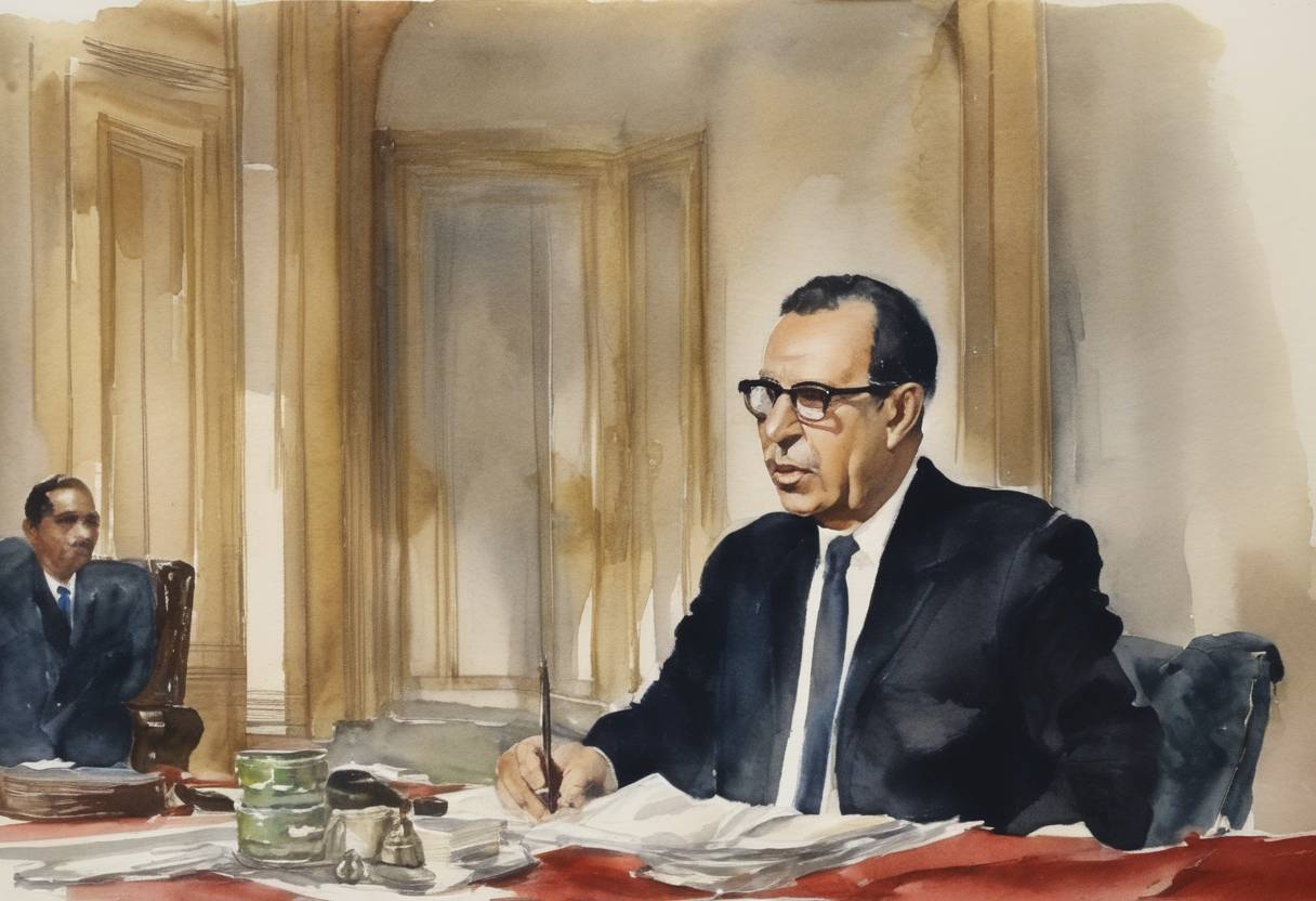 Watercolor painting based depiction of The People's Democratic Republic of Algeria is formally declared. Ferhat Abbas is appointed as the President of Algeria. (1962)