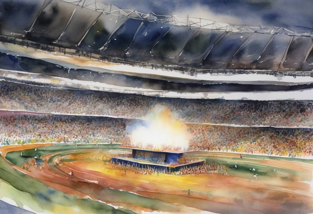 Watercolor painting based depiction of The Sydney 2000 Summer Olympics' closing ceremony takes place, concluding an event praised for its organization and spirit. (2000)