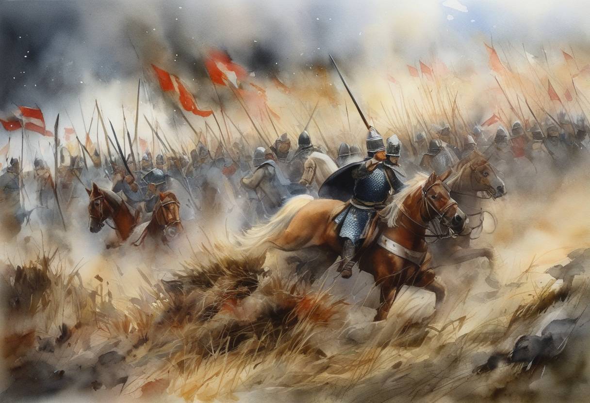 Watercolor painting based depiction of The Battle of Saule took place, where joint forces of the Livonian Brothers of the Sword and other crusaders suffered a significant defeat by the pagan Samogitians and Semigallians. (1236)