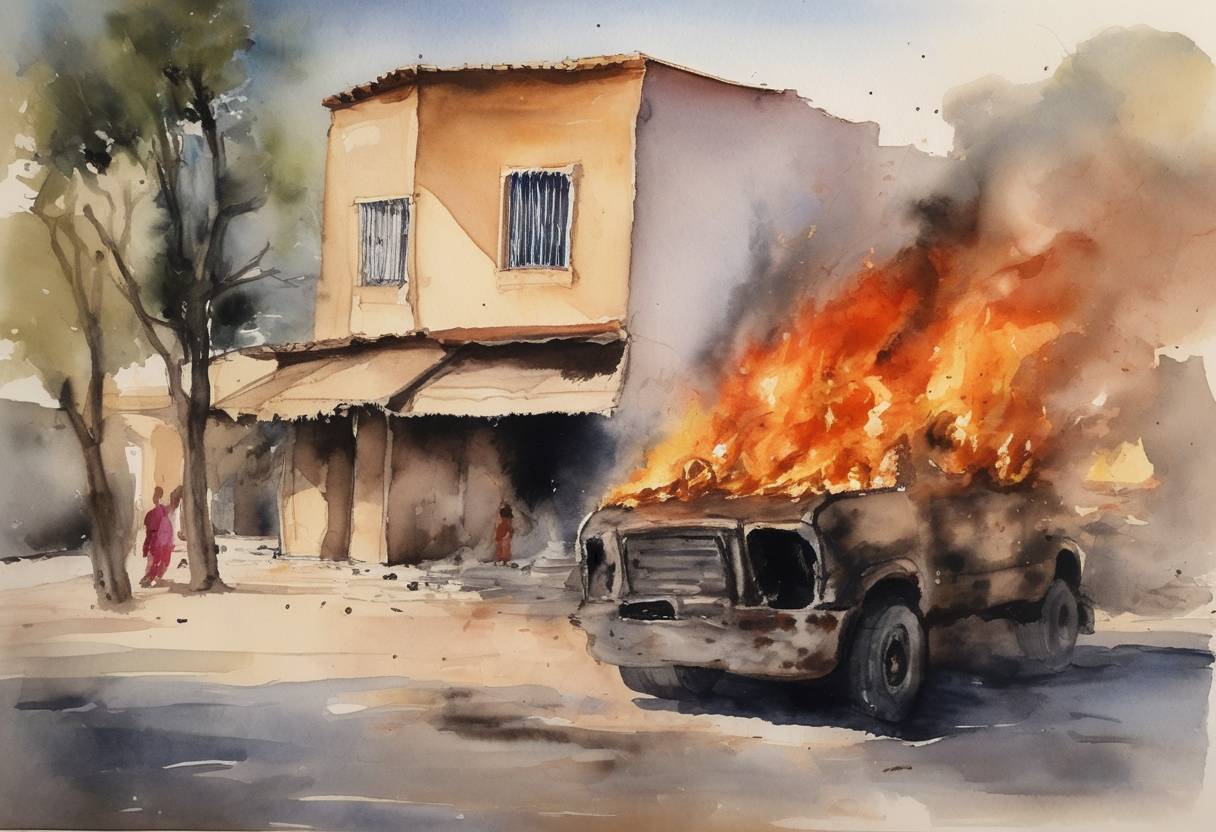 Watercolor painting based depiction of Mohamed Bouazizi set himself on fire in Sidi Bouzid, Tunisia, which became a catalyst for the Tunisian Revolution and the wider Arab Spring. (2010)