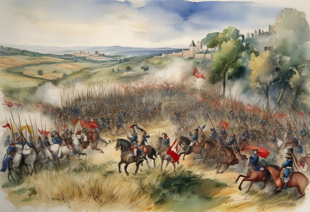 Watercolor painting based depiction of The Battle of Garigliano was fought between Spanish and French forces. As part of the Italian Wars, the Spanish under the command of Gonzalo Fernández de Córdoba (also known as 'El Gran Capitán') secured a decisive victory against the French, strengthening Spanish influence in Italy. (1503)