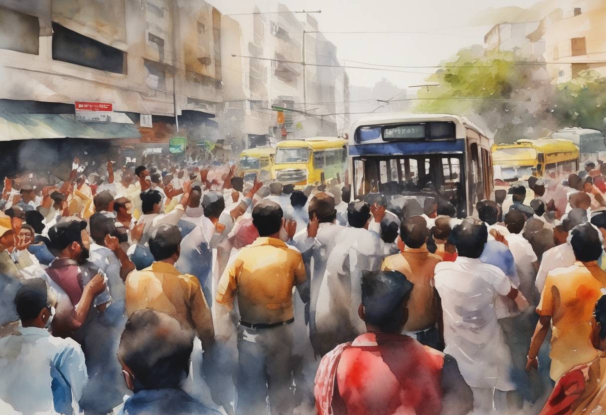 Watercolor painting based depiction of A series of protests erupt in Bengaluru, India, as tech workers and local residents express dissent against government infrastructural policies, leading to discussions about public transport issues. (2022)
